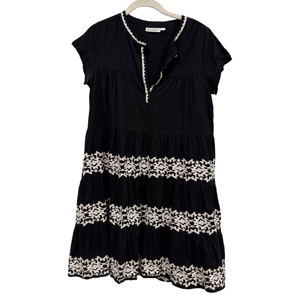Roller Rabbit Black Cotton Tiered Embroidered Mini Dress Small Babydoll Boho